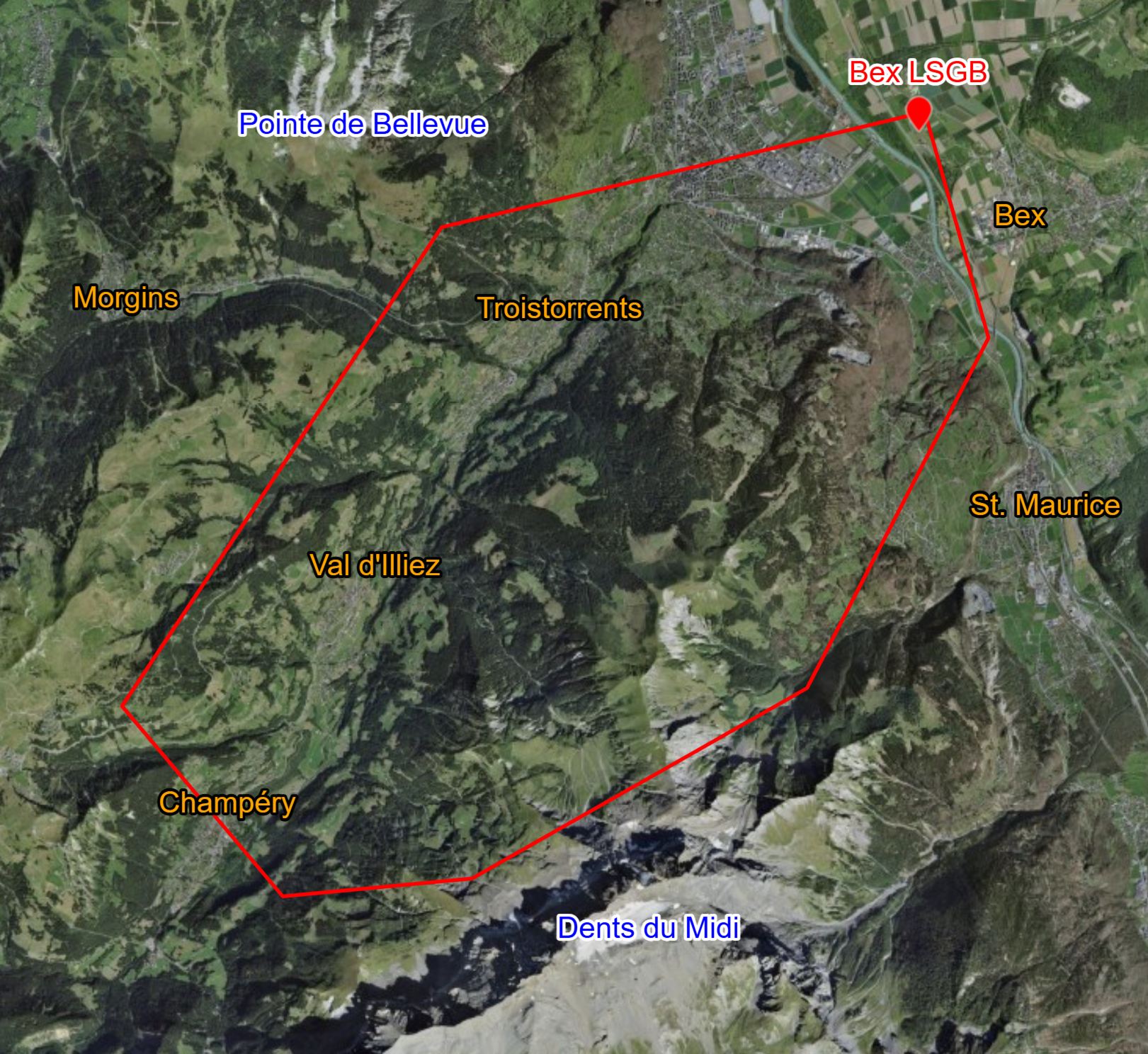 Carte du vol au-dessus des Dents du Midi, Alpes suisses