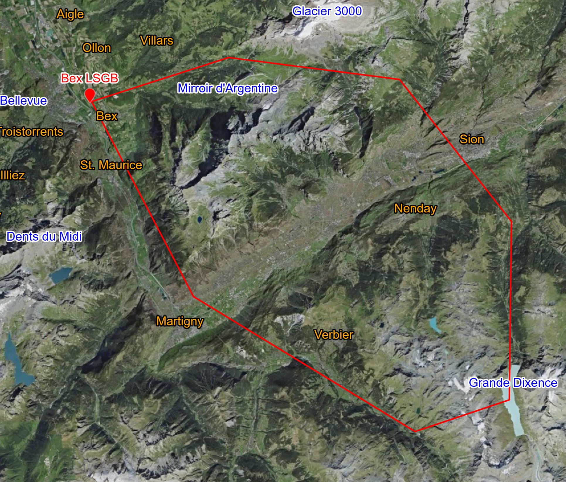 Carte du vol au-dessus de la Grande Dixence, Alpes suisses