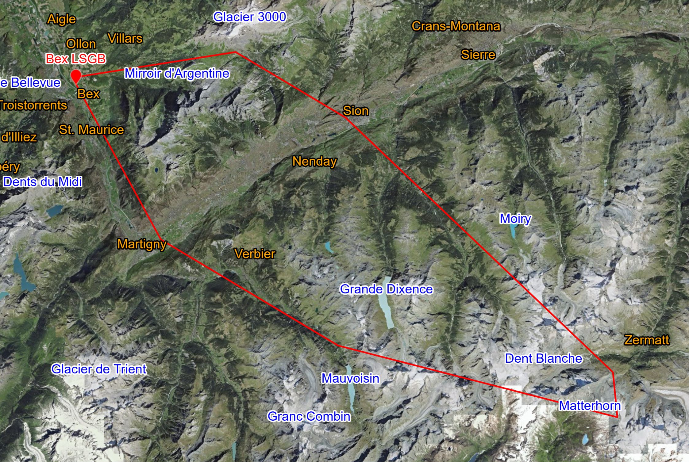 Carte du vol au-dessus du Cervin, Alpes suisses